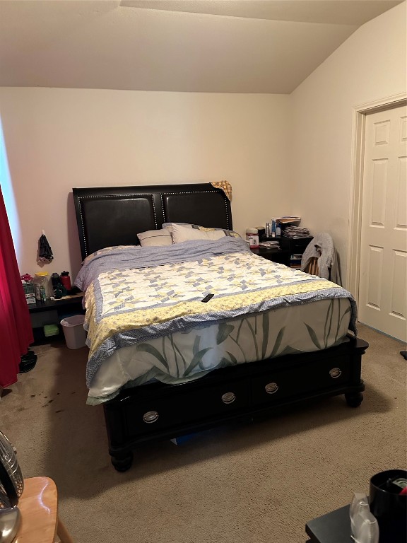 carpeted bedroom with lofted ceiling