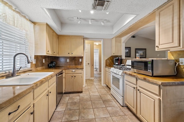 kitchen featuring appliances with stainless steel finishes, sink, a tray ceiling, light brown cabinets, and a textured ceiling