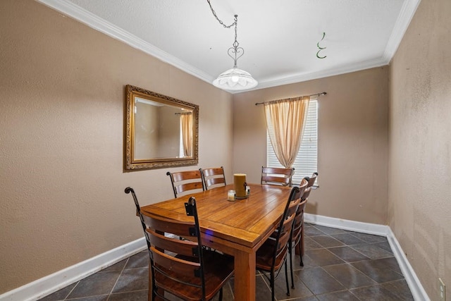 tiled dining space with crown molding