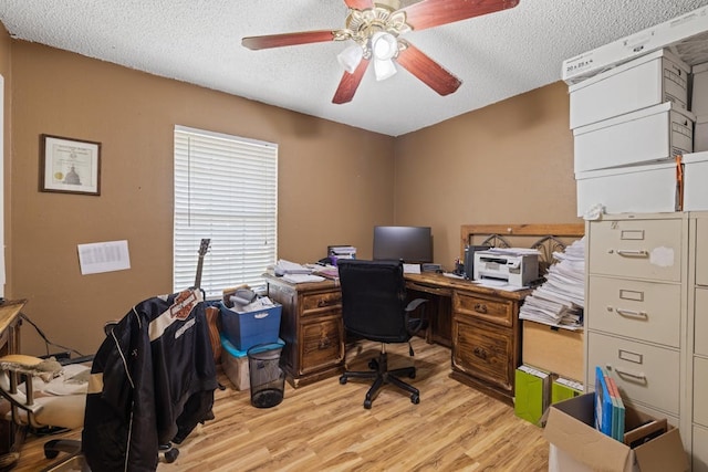 office space featuring ceiling fan, light hardwood / wood-style floors, and a textured ceiling