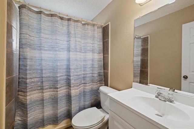 full bathroom featuring a textured ceiling, vanity, toilet, and shower / bathtub combination with curtain