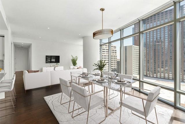 dining area with floor to ceiling windows and hardwood / wood-style floors