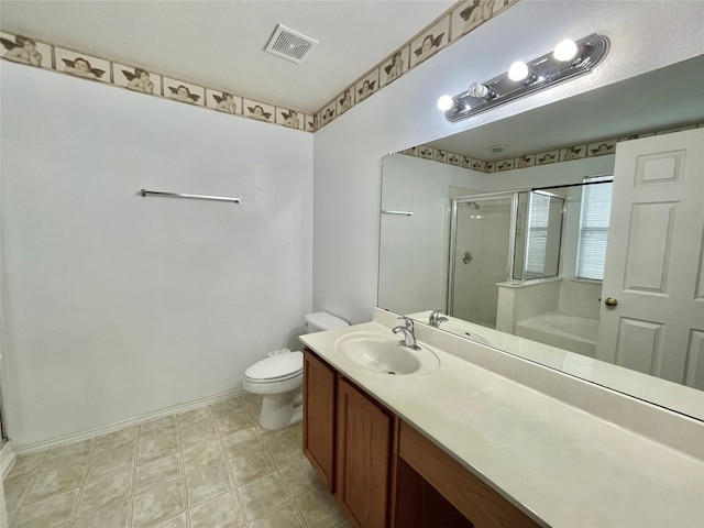 full bathroom with separate shower and tub, toilet, and vanity