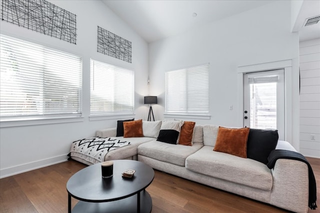 living room with high vaulted ceiling and dark hardwood / wood-style floors