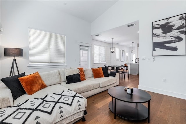 living room with lofted ceiling, dark wood-type flooring, and sink