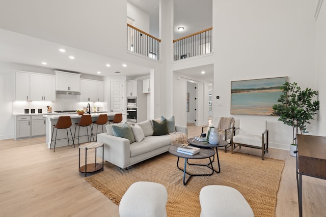 living room with a high ceiling and light hardwood / wood-style flooring