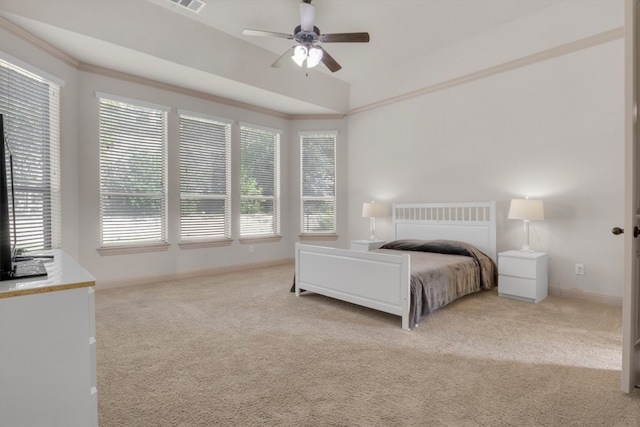 bedroom featuring light carpet and ceiling fan