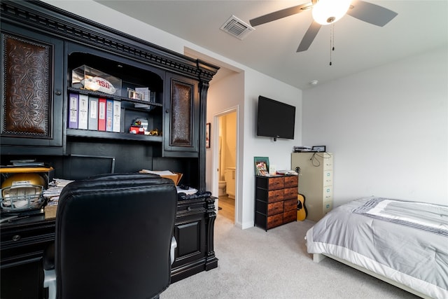 carpeted bedroom with ceiling fan