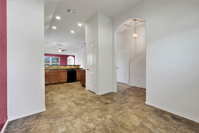 kitchen featuring pendant lighting, dishwasher, and ceiling fan