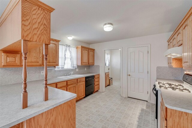 kitchen with light brown cabinets, black dishwasher, white range with gas stovetop, and tasteful backsplash