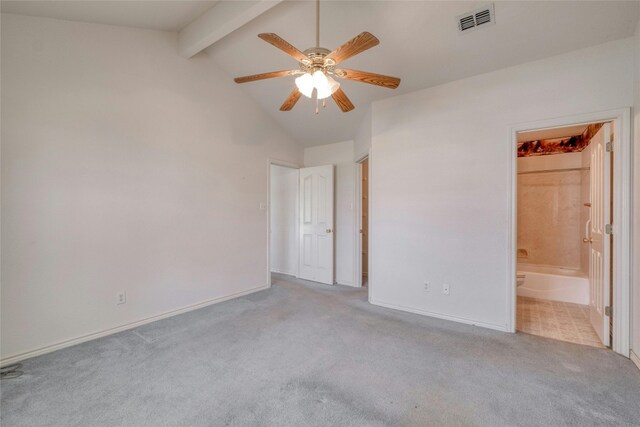 unfurnished bedroom featuring high vaulted ceiling, beamed ceiling, ceiling fan, ensuite bath, and light carpet