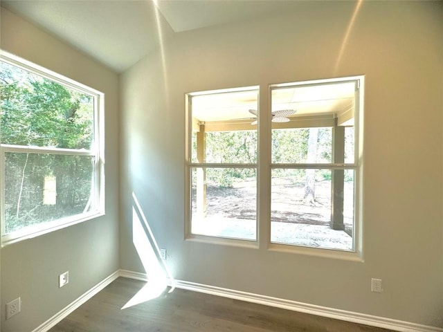spare room featuring ceiling fan, a healthy amount of sunlight, and dark hardwood / wood-style flooring