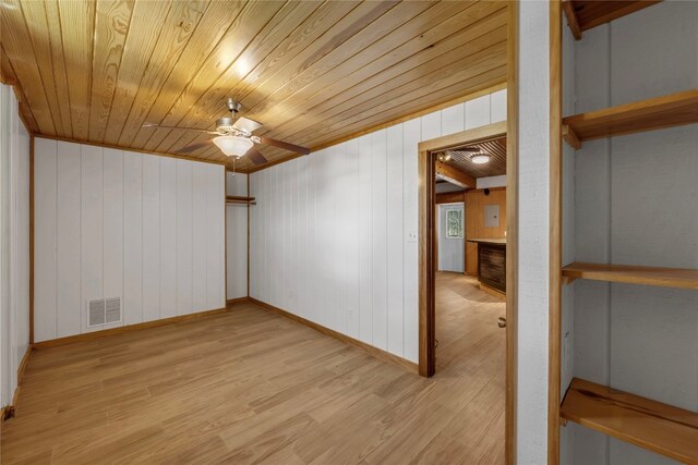 empty room with wooden walls, light hardwood / wood-style floors, ceiling fan, and wooden ceiling