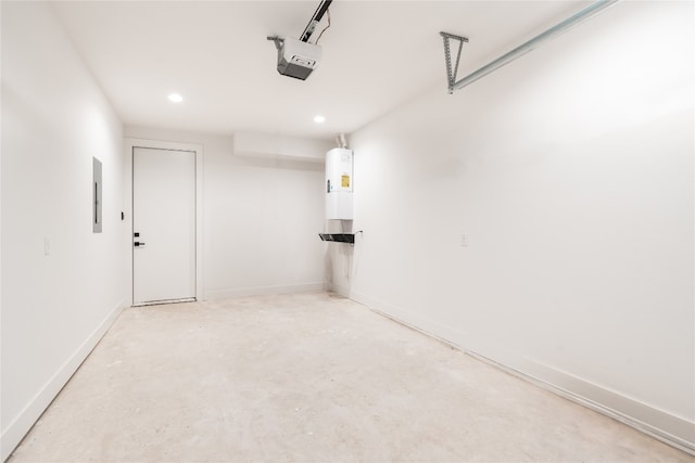 garage with electric panel, a garage door opener, and water heater