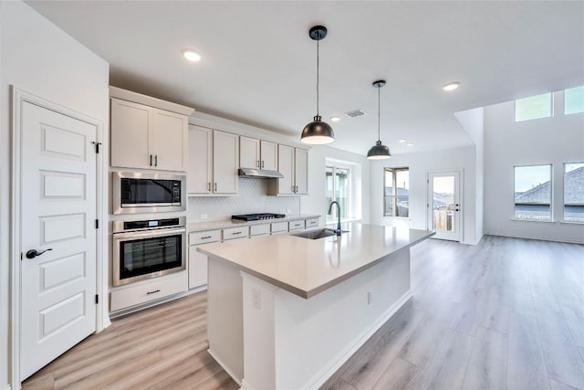 kitchen featuring sink, stainless steel appliances, plenty of natural light, and a center island with sink