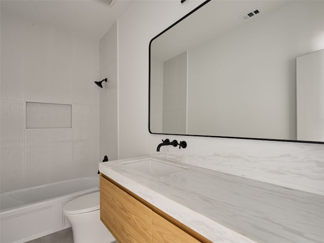 full bath featuring toilet, shower / bathing tub combination, vanity, and visible vents