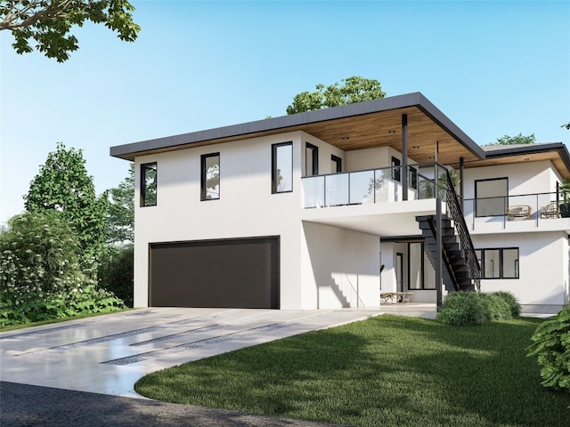 contemporary home featuring a balcony, a garage, and a front lawn