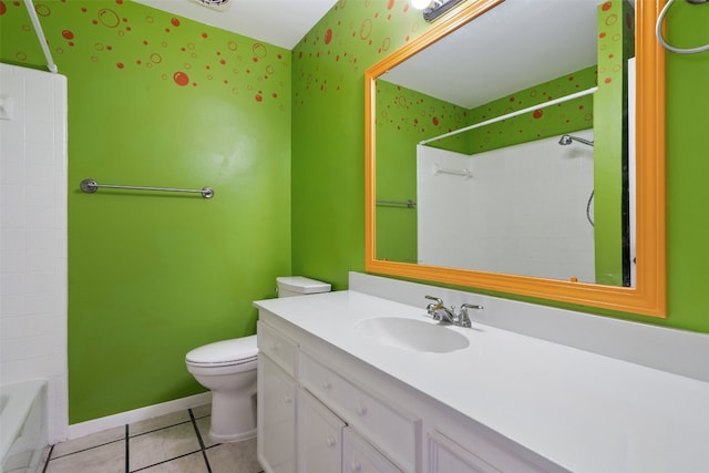 full bathroom with bathing tub / shower combination, tile patterned flooring, vanity, and toilet