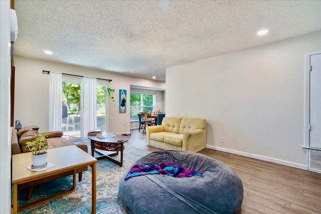 living room featuring a textured ceiling and hardwood / wood-style floors