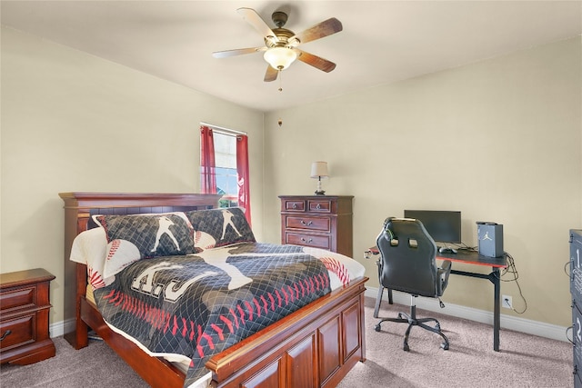 bedroom with light colored carpet and ceiling fan