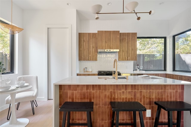 kitchen with tasteful backsplash, decorative light fixtures, light hardwood / wood-style floors, a breakfast bar area, and extractor fan