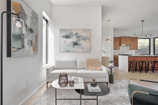 living room with light wood-type flooring and sink