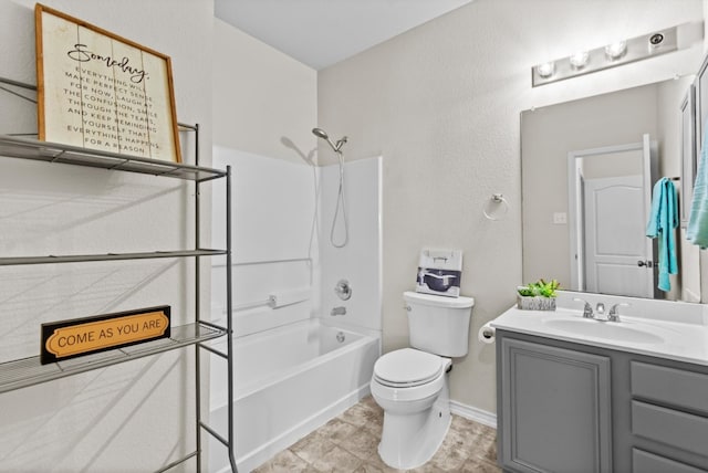 full bathroom featuring washtub / shower combination, vanity, and toilet