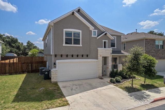 front facade with cooling unit, a front yard, and a garage