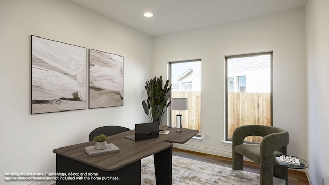 office area with baseboards, wood finished floors, and recessed lighting