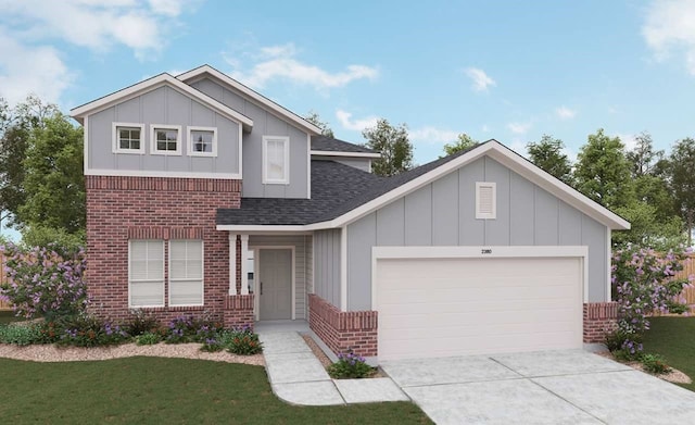 view of front of house featuring brick siding, board and batten siding, concrete driveway, a front yard, and a garage