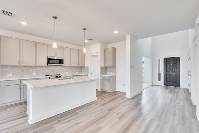 kitchen featuring stainless steel microwave, visible vents, light countertops, gray cabinets, and a sink