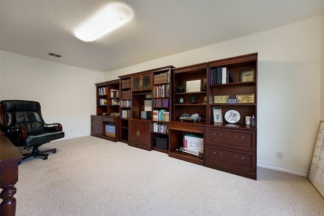 interior space featuring a textured ceiling and carpet floors