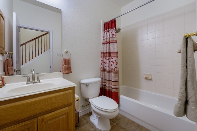 full bathroom with vanity, toilet, shower / bath combo with shower curtain, and tile patterned floors