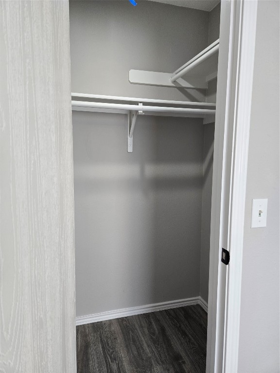 walk in closet with dark wood-type flooring