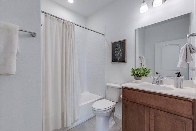 full bathroom featuring vanity, toilet, shower / bathtub combination with curtain, and tile patterned floors