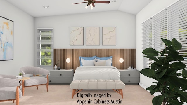 bedroom with ceiling fan, light colored carpet, and lofted ceiling