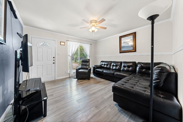 living room with ceiling fan, ornamental molding, and light hardwood / wood-style floors