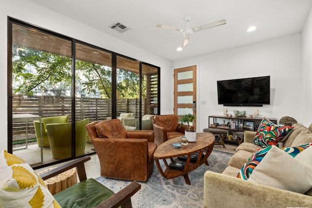 1001 Juanita St, Austin, TX 78704 - living room with ceiling fan and recessed lighting