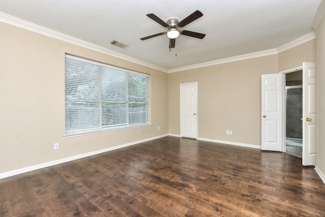 empty room with ceiling fan, a textured ceiling, crown molding, and dark wood-type flooring