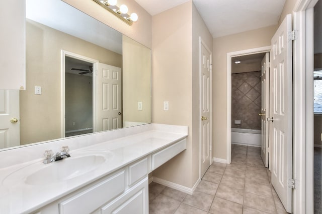 bathroom with ceiling fan, vanity, and tile patterned flooring