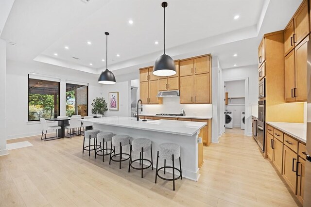 kitchen featuring pendant lighting, light hardwood / wood-style floors, a tray ceiling, and an island with sink