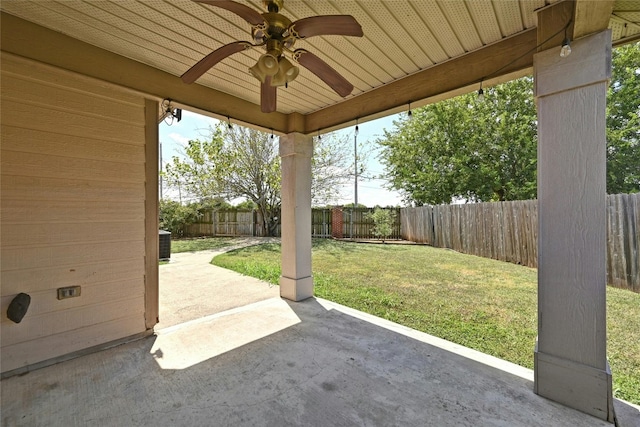 view of patio with ceiling fan and central air condition unit