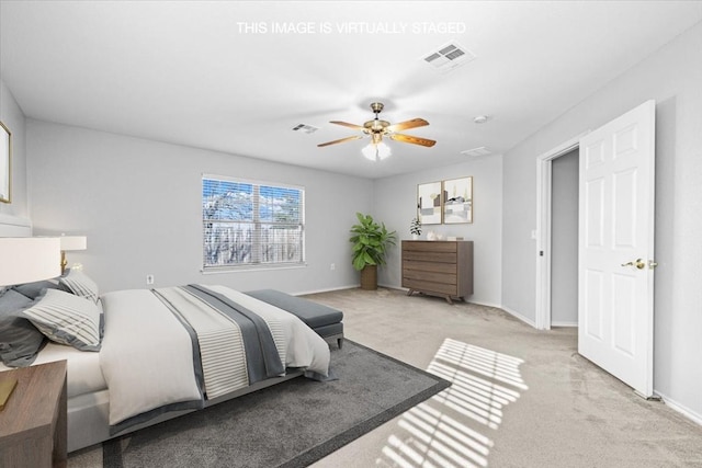 6507 Eudora Cv, Austin, TX 78747 - bedroom featuring ceiling fan, baseboards, visible vents, and light colored carpet