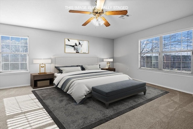6507 Eudora Cv, Austin, TX 78747 - carpeted bedroom with ceiling fan, baseboards, multiple windows, and visible vents