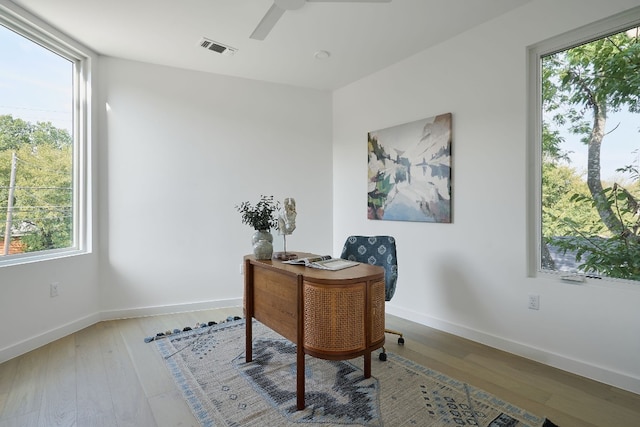 office area featuring hardwood / wood-style flooring, ceiling fan, and a wealth of natural light