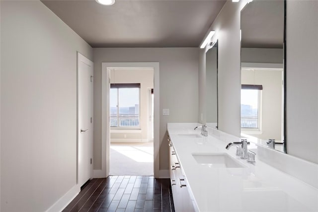 bathroom with vanity and wood-type flooring