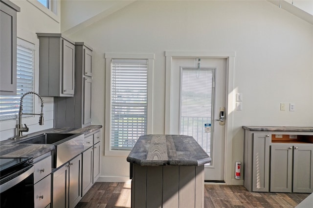 kitchen featuring a wealth of natural light, dark hardwood / wood-style flooring, and gray cabinetry