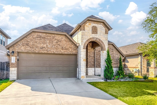 view of front of property with a front lawn and a garage