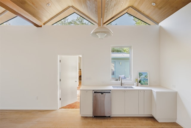 kitchen with white cabinets, sink, stainless steel dishwasher, high vaulted ceiling, and wooden ceiling