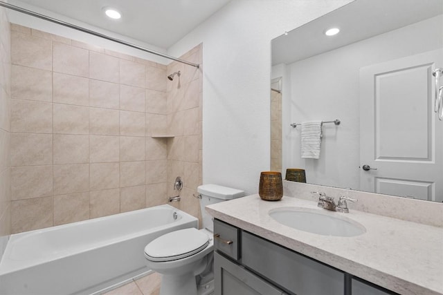 1029 Villa Rialto Vw, Leander, TX 78641 - bathroom featuring toilet,  shower combination, vanity, tile patterned flooring, and recessed lighting